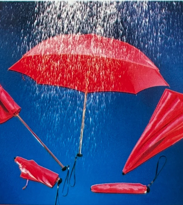 Red umbrellas in the rain