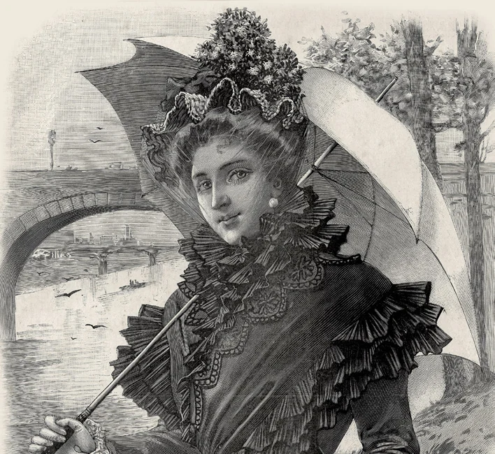 Gravure ancienne d’une femme tenant une ombrelle